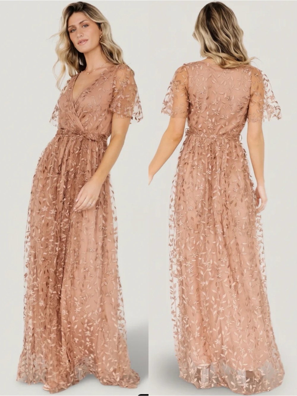 Baltic Born Marseille Embossed Maxi Dress In Nude Rose Sheer Overlay Medium